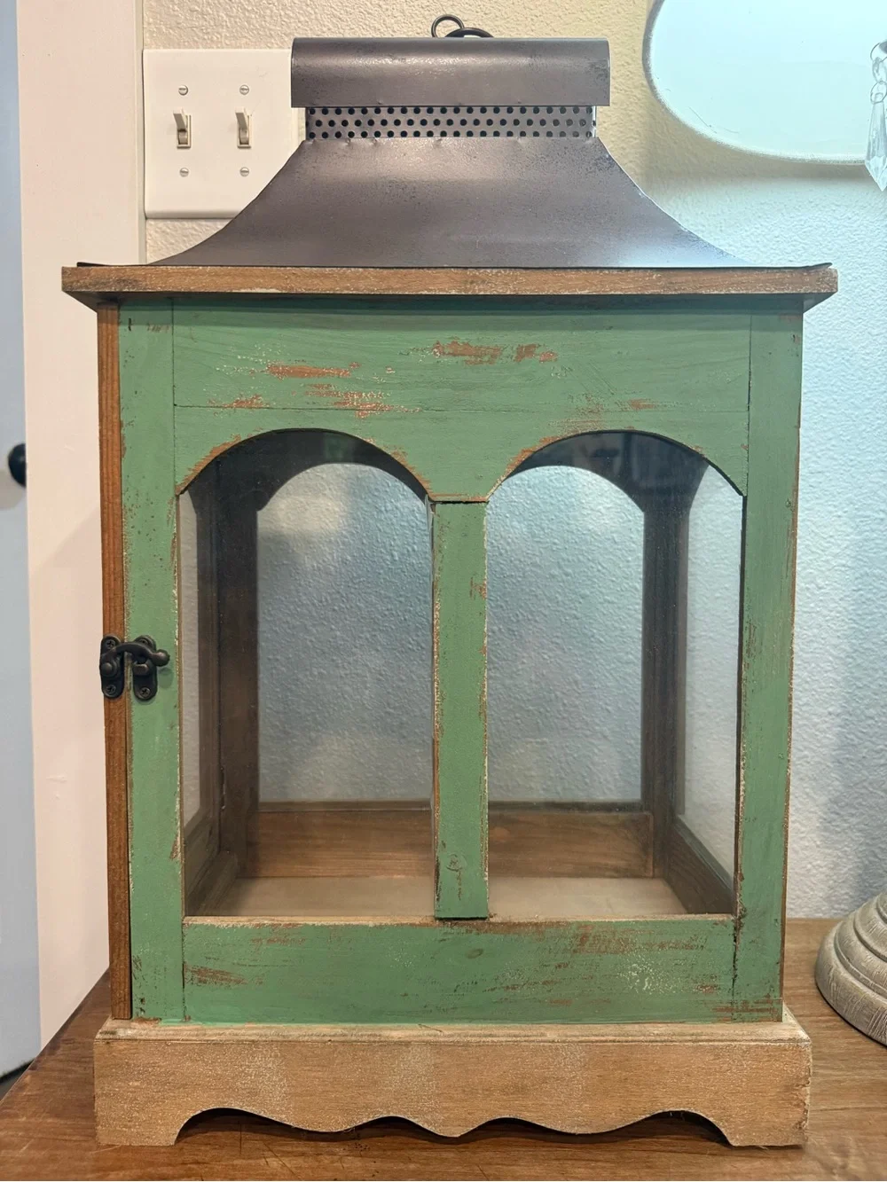 Farmhouse Wooden Lantern Distressed Green Glass Candle Holder Rustic Decor